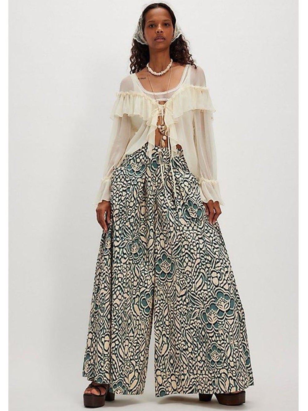 Free People Miss You Most Printed Wide Leg Pants NWT Ivory Dark Teal Black